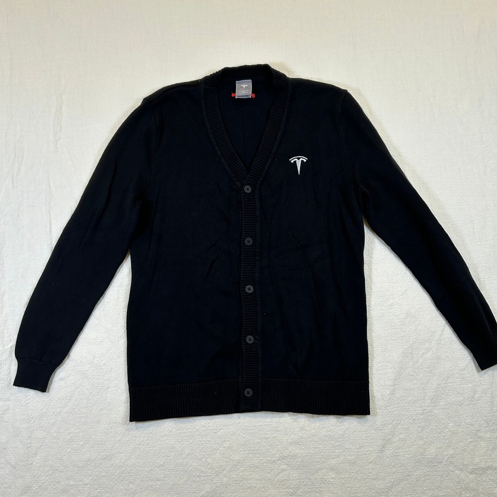 Tesla Motors Mens Black V-Neck Button Cardigan Sweater Logo Small TSL6403BK